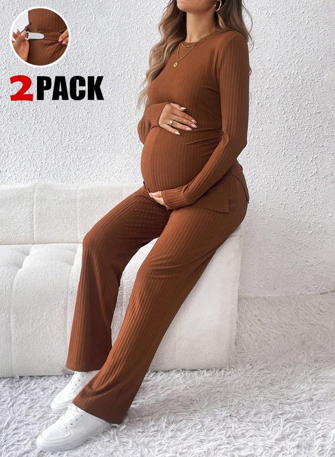 تايك تو طقم للحوامل بلوزة بياقة دائرية وبنطال بخصر مرن قابل للتعديل - Image 1